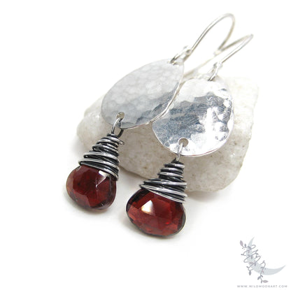 Garnet Earrings · Hammered Teardrop Sterling Silver Dangle Earrings