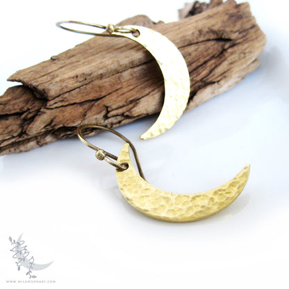 Golden Moon Earrings · Handmade Hammered Brass Crescent Moon Dangle Earrings