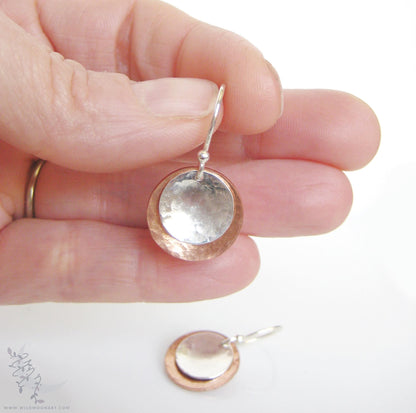 Mixed Metal Copper & Sterling Silver Earrings · Hand Hammered Coin Dangle Earrings (s)