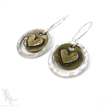 Heart Earrings · Mixed Metal Sterling Silver & Brass Hammered Rustic Valentine Dangle Earrings