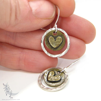 Heart Earrings · Mixed Metal Sterling Silver & Brass Hammered Rustic Valentine Dangle Earrings