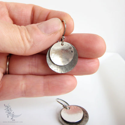 Sterling Silver Earrings · Mixed Metal Hammered Two Tone Silver Dangle Earrings (m)