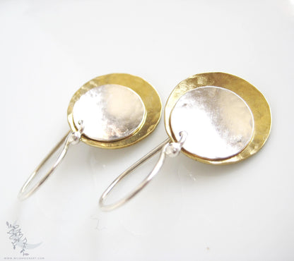 Mixed Metal Brass & Sterling Silver Earrings · Hand Hammered Coin Dangle Earrings (m)