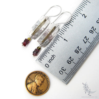 Garnet Earrings · Hammered Mixed Metal Sterling Silver & Gold Brass Rectangle Dangle Earrings