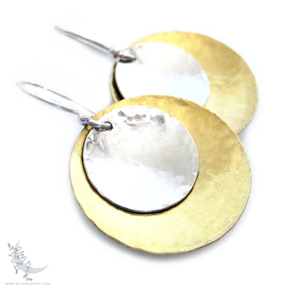 Mixed Metal Brass & Sterling Silver Earrings · Hand Hammered Coin Dangle Earrings (lg)