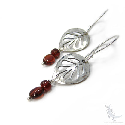 Garnet Leaf Earrings, Sterling Silver Hammered Dangle Earrings