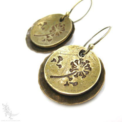 Dandelion Earrings · Hand Hammered Antiqued Brass & Bronze Rustic Flower Dangle Earrings
