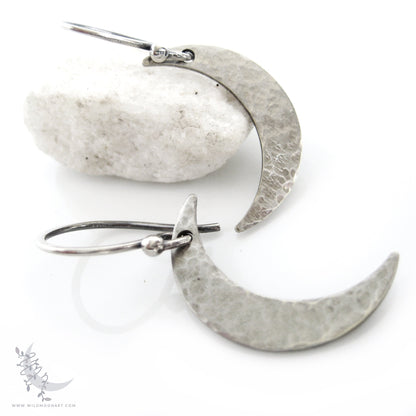 Silver Moon Earrings · Sterling Silver Handmade Hammered Crescent Moon Dangle Earrings