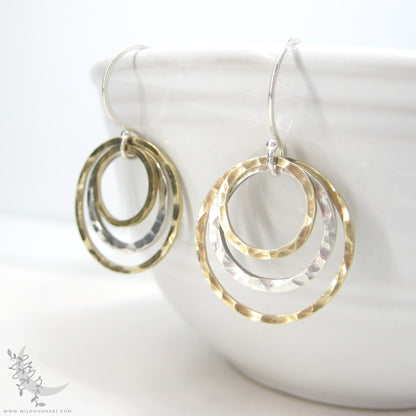 Mixed Metal Brass & Sterling Silver Earrings · Hammered Circle Dangle Earrings