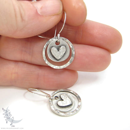Heart Earrings · Hand Hammered Sterling Silver Rustic Valentine Dangle Earrings