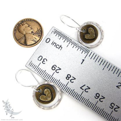 Heart Earrings · Mixed Metal Sterling Silver & Brass Hammered Rustic Valentine Dangle Earrings