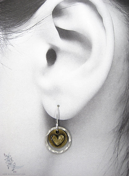 Heart Earrings · Mixed Metal Sterling Silver & Brass Hammered Rustic Valentine Dangle Earrings