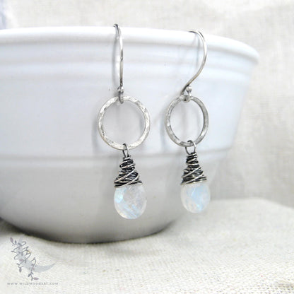 Moonstone Earrings · Hammered Sterling Silver Dangle Earrings