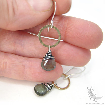 Moss Aquamarine Earrings · Mixed Metal Hammered Sterling Silver & Brass Dangle Earrings