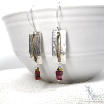 Garnet Earrings · Hammered Mixed Metal Sterling Silver & Gold Brass Rectangle Dangle Earrings