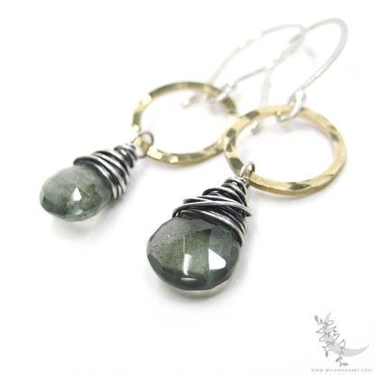 Moss Aquamarine Earrings · Mixed Metal Hammered Sterling Silver & Brass Dangle Earrings