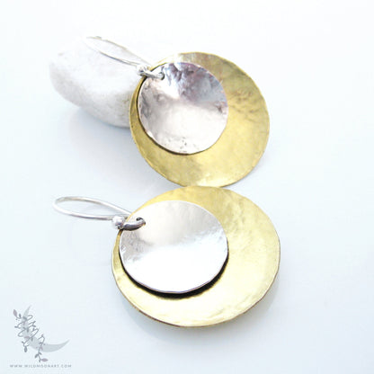 Mixed Metal Brass & Sterling Silver Earrings · Hand Hammered Coin Dangle Earrings (lg)