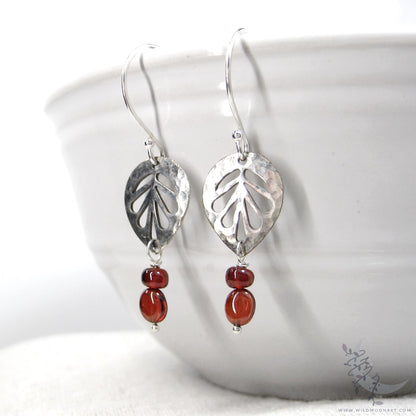Garnet Leaf Earrings, Sterling Silver Hammered Dangle Earrings