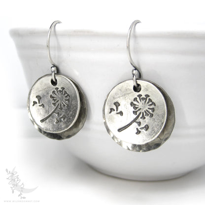 Dandelion Earrings · Hand Hammered Sterling Silver Rustic Flower Dangle Earrings