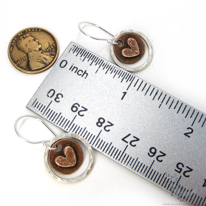 Heart Earrings · Mixed Metal Sterling Silver & Copper Hammered Valentine Rustic Dangle Earrings