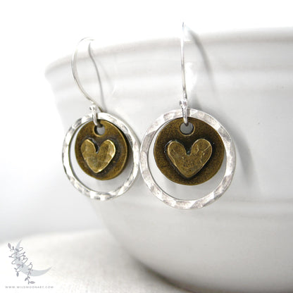 Heart Earrings · Mixed Metal Sterling Silver & Brass Hammered Rustic Valentine Dangle Earrings