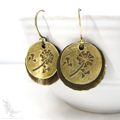 Dandelion Earrings · Hand Hammered Antiqued Brass & Bronze Rustic Flower Dangle Earrings