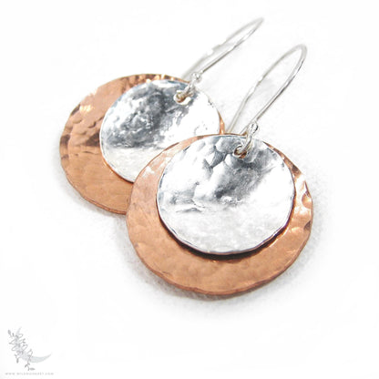 Mixed Metal Copper & Sterling Silver Earrings · Hand Hammered Coin Dangle Earrings (m)