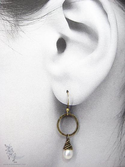 Pearl Earrings · Freshwater Pearl & Hand Hammered Brass Dangle Earrings