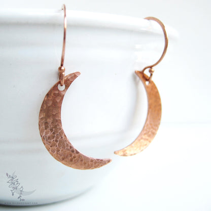 Copper Moon Earrings ·  Handmade Hammered Crescent Moon Dangle Earrings