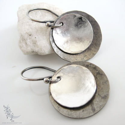 Sterling Silver Earrings · Mixed Metal Hammered Two Tone Silver Dangle Earrings (m)