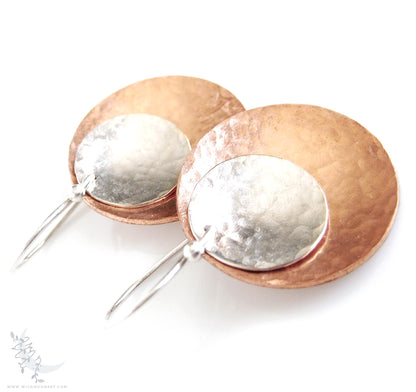 Mixed Metal Copper & Sterling Silver Earrings · Hand Hammered Coin Dangle Earrings (lg)