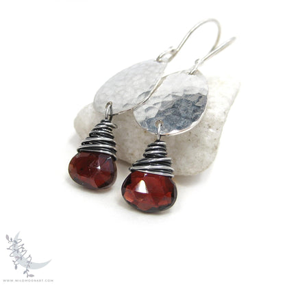 Garnet Earrings · Hammered Teardrop Sterling Silver Dangle Earrings