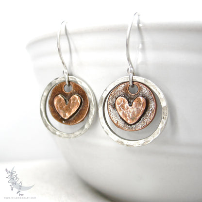Heart Earrings · Mixed Metal Sterling Silver & Copper Hammered Valentine Rustic Dangle Earrings