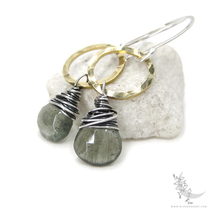 Moss Aquamarine Earrings · Mixed Metal Hammered Sterling Silver & Brass Dangle Earrings
