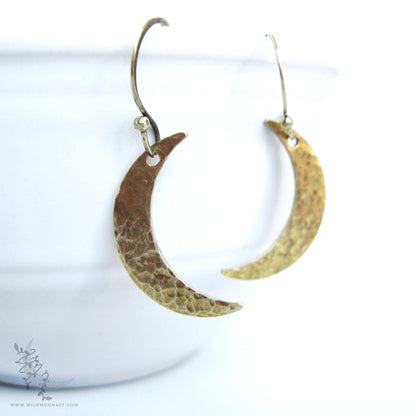 Golden Moon Earrings · Handmade Hammered Brass Crescent Moon Dangle Earrings