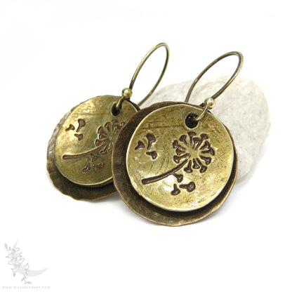 Dandelion Earrings · Hand Hammered Antiqued Brass & Bronze Rustic Flower Dangle Earrings