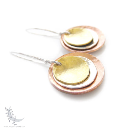 Mixed Metal Copper, Brass & Sterling Silver Earrings · Tri Tone Hammered Dangle Earrings
