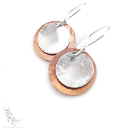 Mixed Metal Copper & Sterling Silver Earrings · Hand Hammered Coin Dangle Earrings (s)