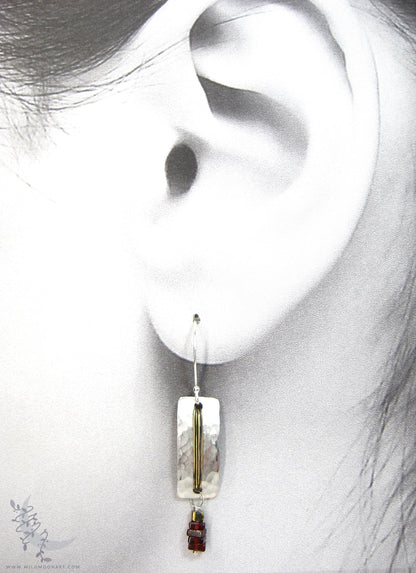 Garnet Earrings · Hammered Mixed Metal Sterling Silver & Gold Brass Rectangle Dangle Earrings