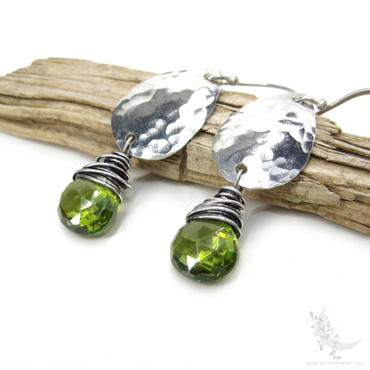 Peridot Earrings · Hammered Teardrop Sterling Silver Dangle Earrings