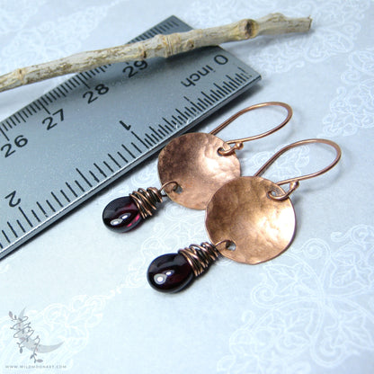 Garnet Copper Earrings · Hand Hammered Copper Dangle Earrings