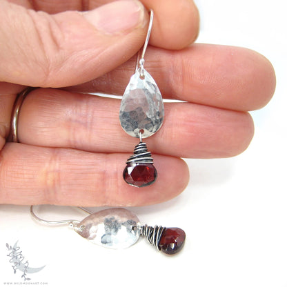 Garnet Earrings · Hammered Teardrop Sterling Silver Dangle Earrings