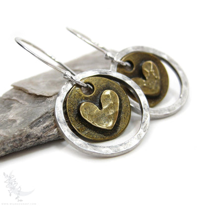 Heart Earrings · Mixed Metal Sterling Silver & Brass Hammered Rustic Valentine Dangle Earrings