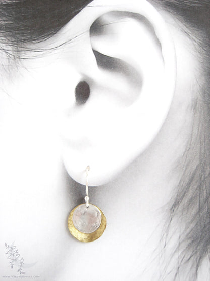 Mixed Metal Brass & Sterling Silver Earrings · Hand Hammered Coin Dangle Earrings (m)
