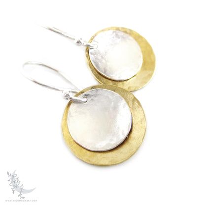 Mixed Metal Brass & Sterling Silver Earrings · Hand Hammered Coin Dangle Earrings (m)