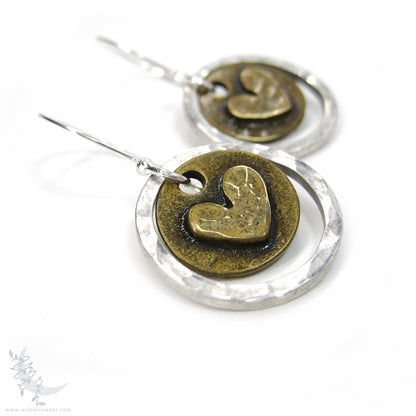 Heart Earrings · Mixed Metal Sterling Silver & Brass Hammered Rustic Valentine Dangle Earrings
