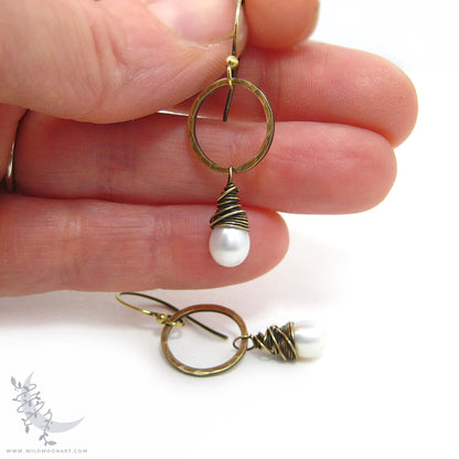 Pearl Earrings · Freshwater Pearl & Hand Hammered Brass Dangle Earrings