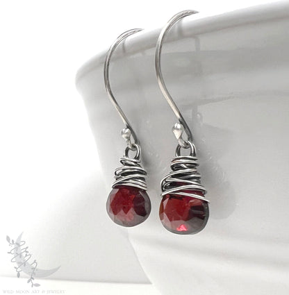 Dainty Garnet Earrings · Sterling Silver Dangle Earrings