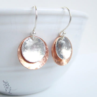 Mixed Metal Copper & Sterling Silver Earrings · Hand Hammered Coin Dangle Earrings (s)