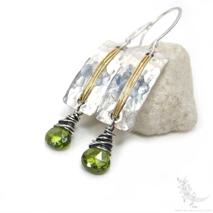 Peridot Earrings · Hammered Sterling Silver & Brass Mixed Metal Dangle Earrings